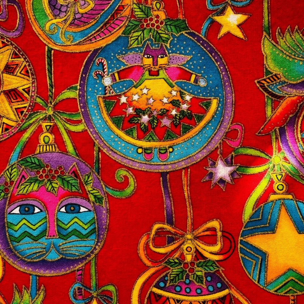 Laurel Burch Cotton Fabric “Bountiful Blessings” Cats, Ornaments, 2 yards